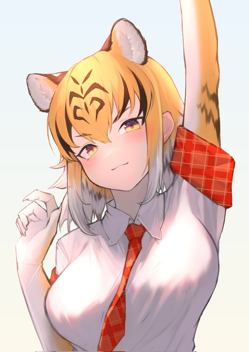 1girl akuma_(st.takuma) animal_ear_fluff animal_ears arm_up bangs black_hair blonde_hair breasts commentary elbow_gloves extra_ears eyebrows_visible_through_hair gloves gradient_hair hair_between_eyes highres kemono_friends large_breasts looking_at_viewer multicolored_hair necktie orange_eyes plaid_necktie plaid_trim red_necktie shirt short_sleeves smile solo streaked_hair tiger_(kemono_friends) tiger_ears upper_body white_hair white_shirt wing_collar