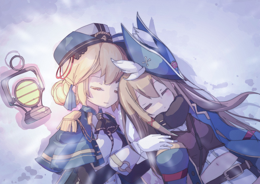 2girls azur_lane beret black_scarf blonde_hair blue_cape blue_headwear brown_shirt cape closed_eyes epaulettes eyebrows_visible_through_hair gloves hair_ornament hands_on_another's_shoulders hardy_(azur_lane) hat heads_together highres holding hunter_(azur_lane) ioniccrystal lantern light_brown_hair military military_hat military_uniform multiple_girls navel on_ground scarf shirt shorts sleeping smile trench_coat tricorne uniform upper_body white_gloves white_shorts wing_collar