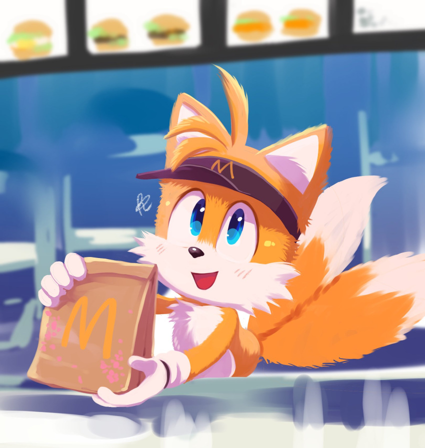 1boy animal_ears bag blue_eyes blush eyebrows_visible_through_hair fox_ears fox_tail furry gloves highres holding holding_bag looking_at_viewer mcdonald's misuta710 open_mouth smile solo sonic_(series) tail tails_(sonic) white_gloves