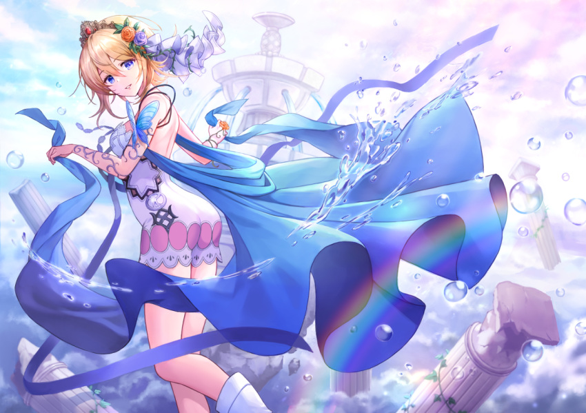 1girl :d bare_back bare_shoulders blonde_hair blue_cape blue_eyes blue_sash breasts bubble bug butterfly cape clouds commentary_request europa_(granblue_fantasy) eyebrows_visible_through_hair feet_out_of_frame flower fountain frilled_cape frills granblue_fantasy hair_between_eyes hair_flower hair_ornament holding looking_at_viewer looking_back medium_hair noz_illust open_mouth parted_lips pillar rainbow sash sideboob sidelocks sky smile solo standing standing_on_one_leg tiara veil water watercraft