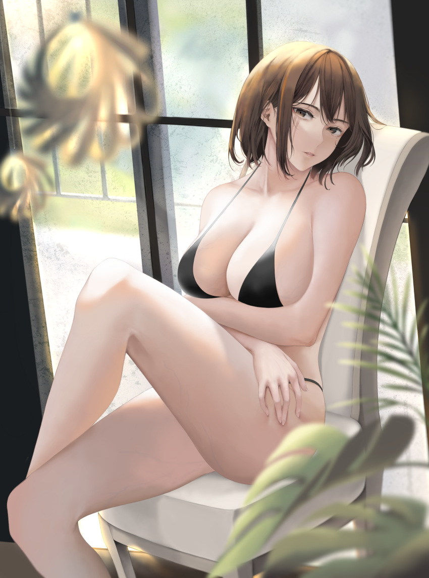 1girl absurdres alternate_breast_size alternate_costume assault_rifle bangs bikini black_bikini breasts brown_eyes brown_hair chair collarbone crossed_arms crossed_legs day expressionless feet_out_of_frame girls_frontline gun highres indoors large_breasts m16 m16a1_(girls'_frontline) medium_hair mole mole_under_eye multicolored_hair no_eyepatch parang parted_lips plant resting rifle scar scar_across_eye scar_on_face sitting solo streaked_hair swimsuit weapon