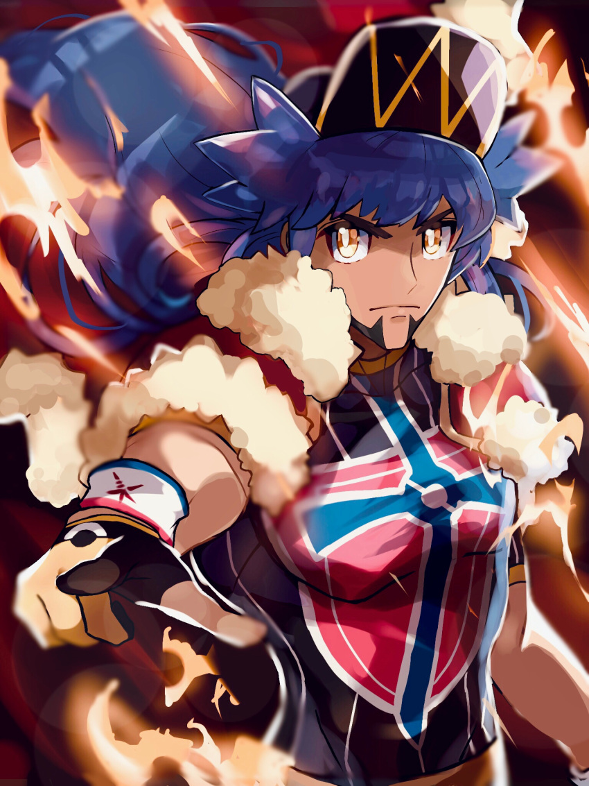 1boy baseball_cap bright_pupils cape champion_uniform closed_mouth commentary_request dark-skinned_male dark_skin dynamax_band facial_hair frown fur-trimmed_cape fur_trim gloves hat highres imu_(acmg3475) leon_(pokemon) long_hair looking_at_viewer male_focus partially_fingerless_gloves pointing pokemon pokemon_(game) pokemon_swsh purple_hair red_cape serious shield_print shirt short_sleeves solo sword_print white_pupils yellow_eyes