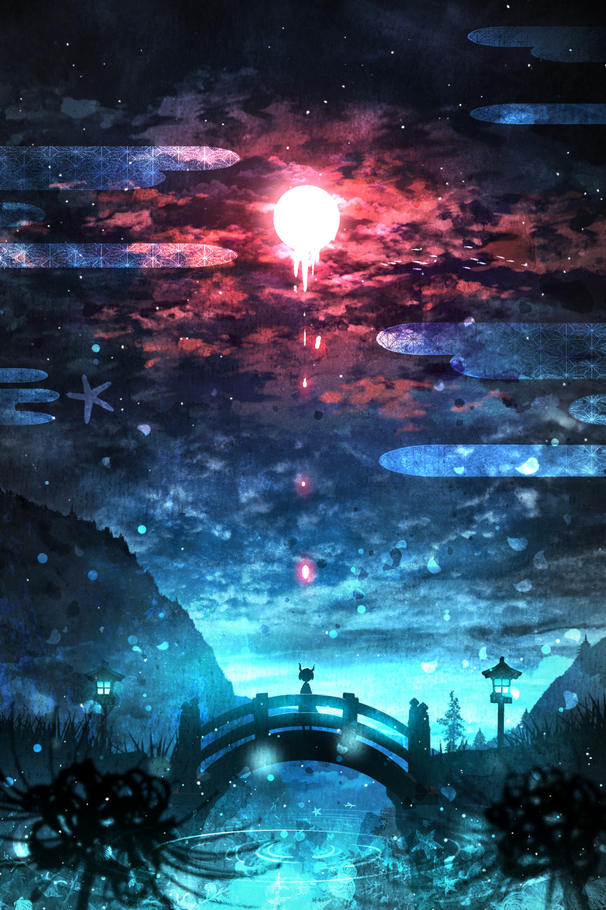 1other absurdres bridge clouds cloudy_sky commentary dripping flower full_moon glowing grass highres horns moon mountain original outdoors red_moon rinneko_(rinne_paint) scenery short_hair silhouette sky solo spider_lily star_(symbol) stone_lantern water wide_shot