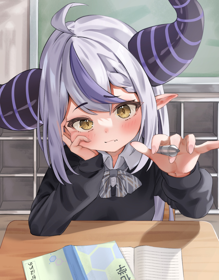 1girl absurdres ahoge alternate_costume bangs blush braid chalkboard classroom commentary crown_braid desk eyebrows_visible_through_hair fang fang_out head_rest head_tilt highres holding holding_pen hololive horns indoors la+_darknesss long_hair long_sleeves looking_at_viewer multicolored_hair pen pointing pointing_at_viewer pointy_ears purple_hair school_desk school_uniform side_braid solo streaked_hair striped_horns taro._(tataroro_1) two-tone_hair virtual_youtuber white_hair yellow_eyes