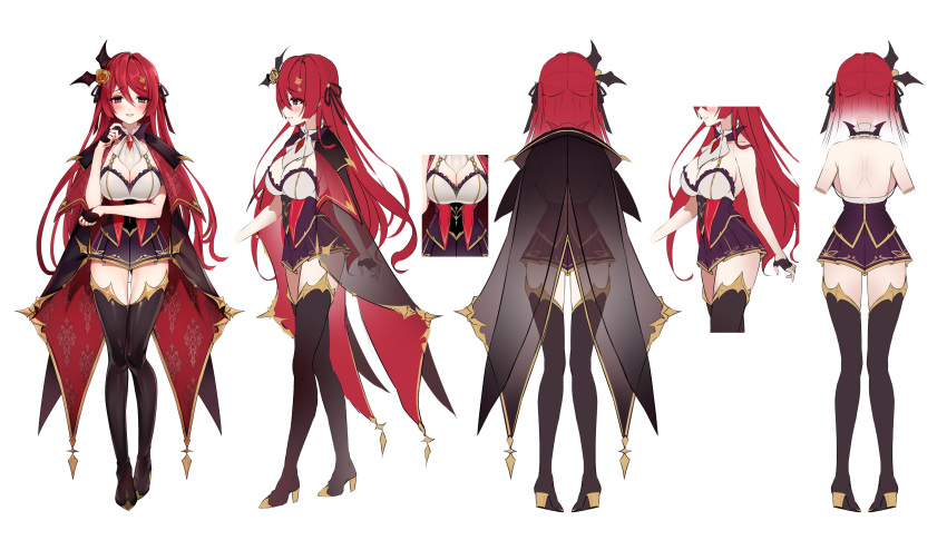 1girl absurdres bangs black_cape blush breasts cape character_sheet commentary_request eyeshadow flower hair_flower hair_ornament half-closed_eyes highres himea_d'almaria large_breasts long_hair luna_nyann makeup mixed-language_commentary multiple_views official_art parted_lips partial_commentary red_eyeshadow redhead reference_sheet rose smile spanish_commentary thigh-highs very_long_hair violet_eyes virtual_youtuber wactor_production white_background yellow_flower yellow_rose