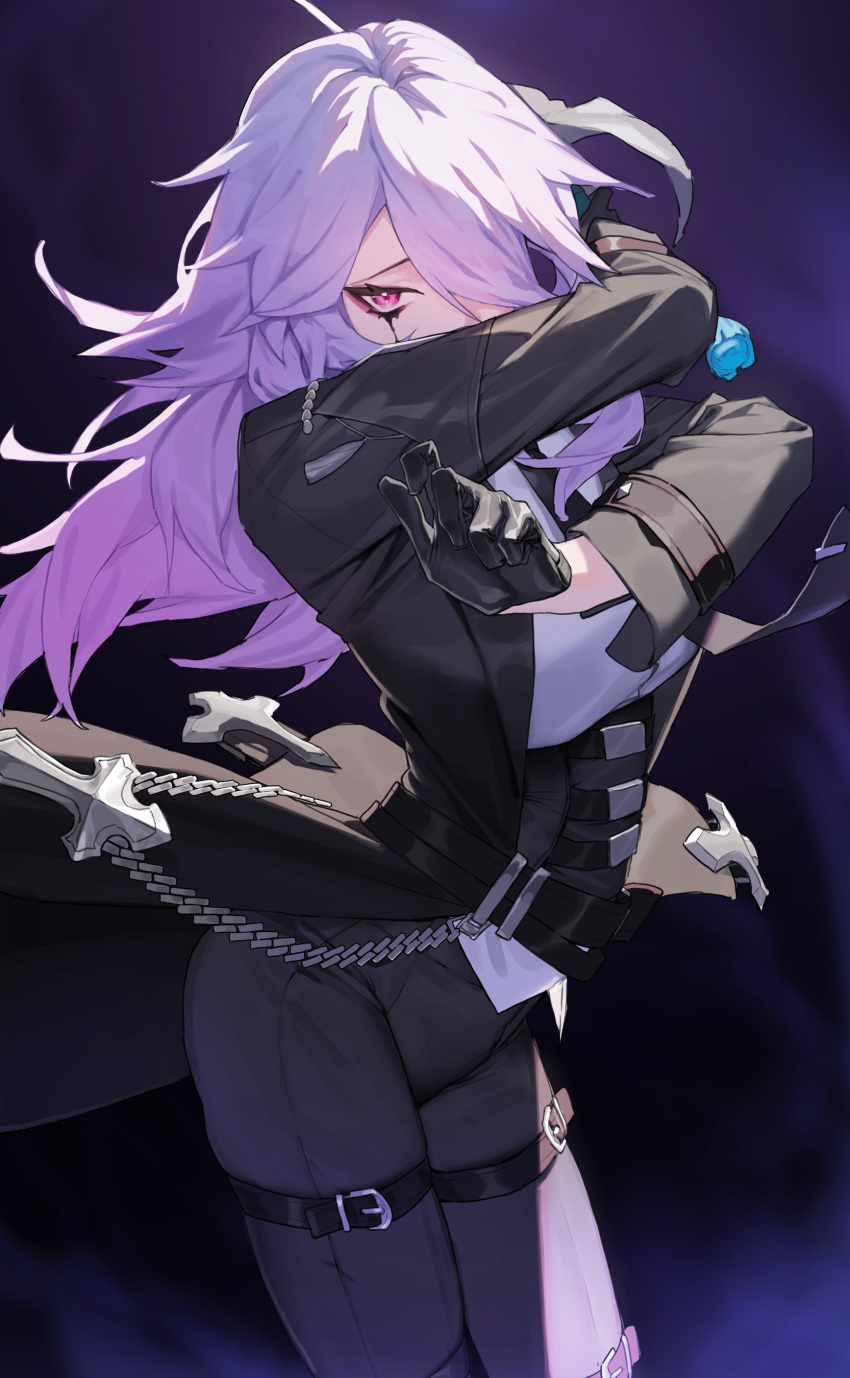 1girl absurdres bangs black_gloves black_survival breasts chiara_(black_survival) corset cross gloves gradient_hair hair_over_one_eye highres holding holding_sword holding_weapon jacket large_breasts long_hair long_sleeves looking_at_viewer multicolored_hair open_clothes open_jacket pink_eyes pink_hair purple_hair shirt solo standing sword thigh_strap tunamayo_(dsasd751) weapon white_jacket white_shirt