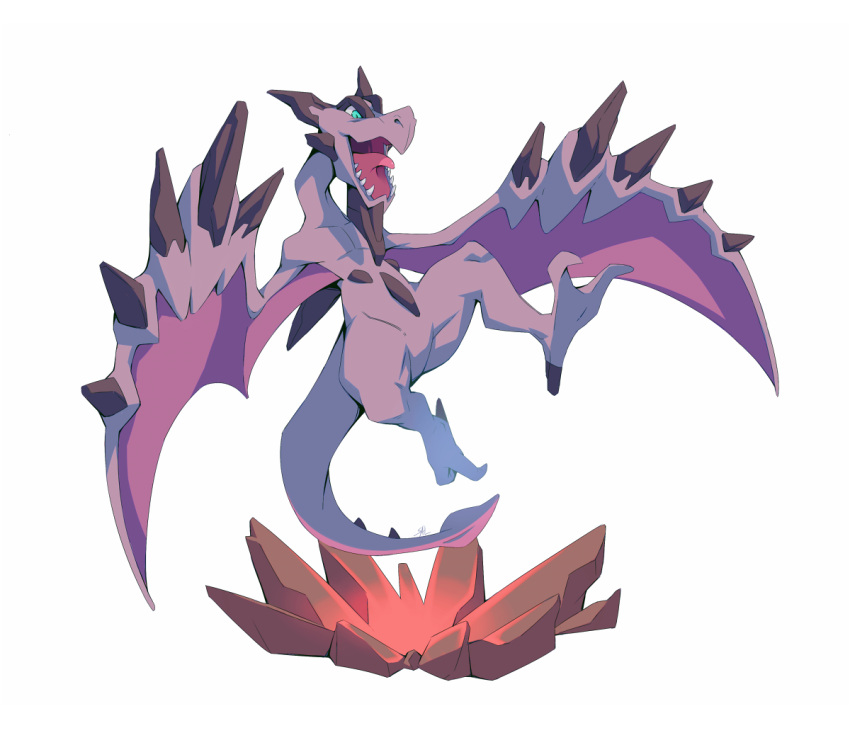 aerodactyl commentary full_body green_eyes mega_aerodactyl mega_pokemon no_humans open_mouth pokemon pokemon_(creature) rock salanchu sharp_teeth solo spikes talons teeth tongue white_background