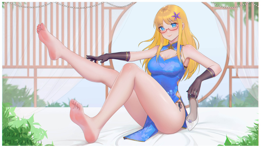 1girl absurdres armpits bare_legs bare_shoulders barefoot blonde_hair blue_dress china_dress chinese_clothes dress feet glasses gloves hair_ornament high_heels highres hood_(warship_girls_r) long_hair looking_at_viewer no_shoes pantyhose qizhu red-framed_eyewear shoes shoes_removed soles toes warship_girls_r