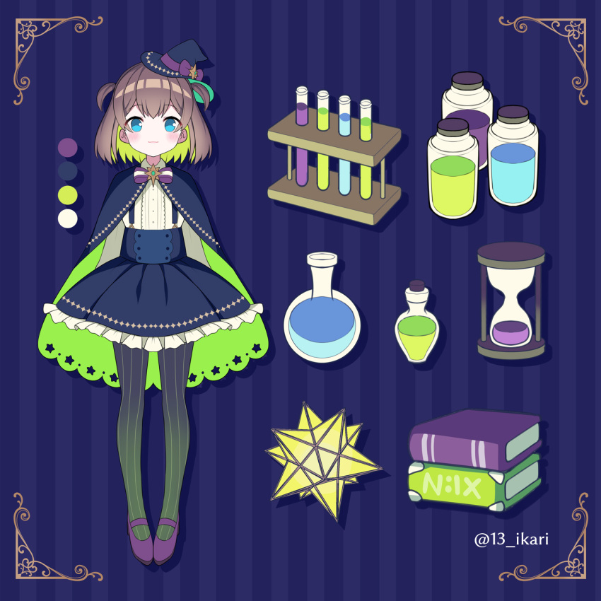 1girl bangs black_cape black_headwear black_legwear black_skirt blue_eyes book bottle bow brown_hair cape closed_mouth color_guide eyebrows_visible_through_hair frilled_skirt frills gradient gradient_legwear green_cape green_hair green_legwear hat hat_bow highres hourglass ikari_(aor3507) multicolored_hair original pantyhose pleated_skirt purple_bow purple_footwear shirt shoes skirt smile solo striped striped_background striped_legwear suspender_skirt suspenders tilted_headwear twitter_username two-tone_hair two_side_up vertical-striped_legwear vertical_stripes vial white_shirt