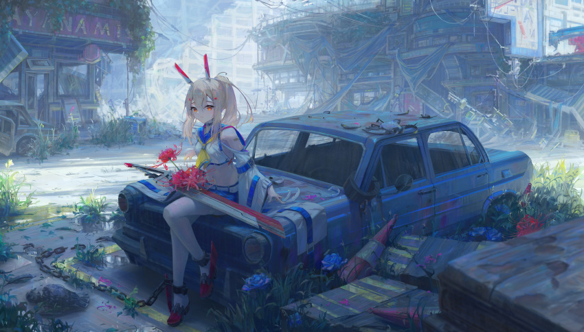 1girl ayanami_(azur_lane) azur_lane bare_shoulders blue_sailor_collar broken broken_chain chain chained character_name crop_top day feathers flower full_body grass hair_between_eyes headgear high_ponytail highres light_brown_hair long_hair looking_at_viewer miniskirt navel naycot neckerchief orange_eyes outdoors pleated_skirt post-apocalypse purple_flower rudder_footwear sailor_collar shirt sitting_on_car skirt solo thigh-highs white_feathers white_thighhighs yellow_neckerchief