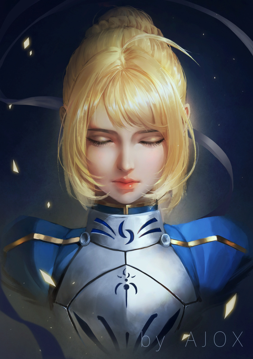 1girl absurdres ahoge ajox armor artoria_pendragon_(fate) blonde_hair braid closed_eyes eyelashes eyeshadow fate/stay_night fate_(series) french_braid highres lips makeup nose original portrait saber solo upper_body