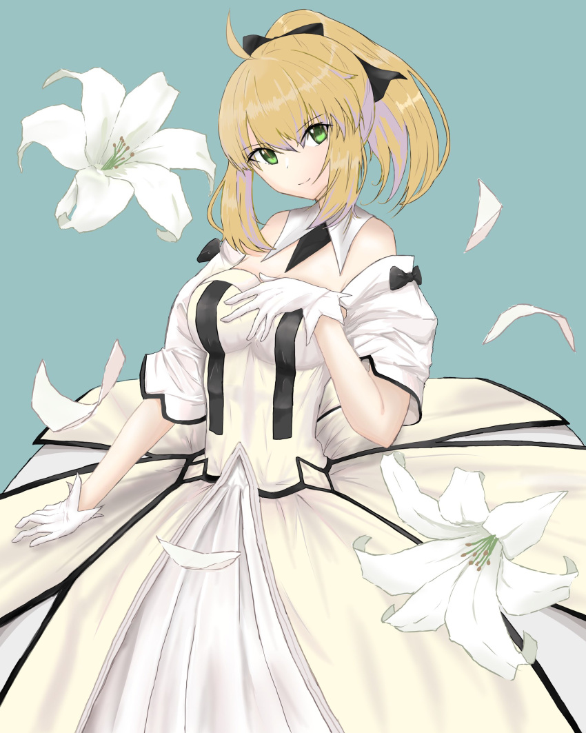 1girl artoria_pendragon_(all) black_bow blonde_hair bow breastplate chim_chim dress eyebrows_visible_through_hair fate/grand_order fate/unlimited_codes fate_(series) faulds floating_hair gauntlets green_eyes hair_between_eyes hair_bow hands_on_hilt highres long_hair looking_at_viewer outdoors petals ponytail saber_lily signature sleeveless sleeveless_dress solo standing white_dress