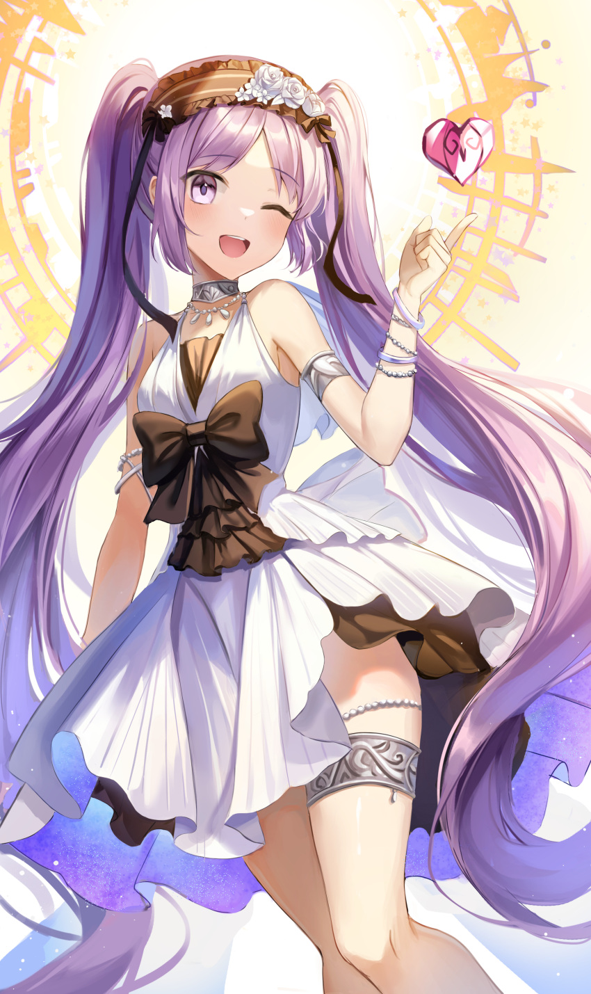 1girl absurdres armlet backlighting bangs bare_shoulders blush bracelet breasts collarbone dress euryale_(fate) fate/hollow_ataraxia fate_(series) frilled_hairband frills hairband halo heart highres jewelry kyo_(maae00) legs legs_together long_hair looking_at_viewer neck_ring necklace no_panties one_eye_closed open_mouth parted_bangs purple_hair sidelocks small_breasts smile solo thighlet thighs twintails type-moon very_long_hair violet_eyes white_dress