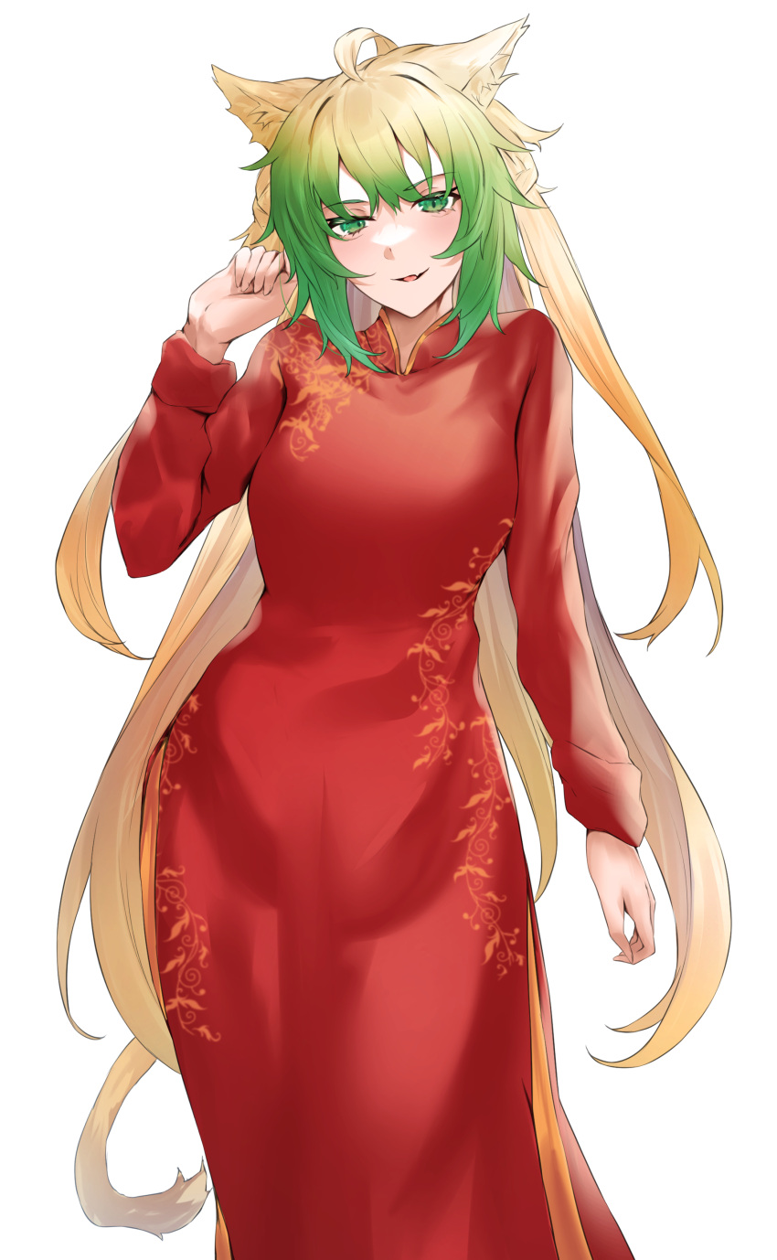 1girl absurdres ahoge animal_ear_fluff animal_ears atalanta_(fate) bangs blonde_hair breasts cat_ears china_dress chinese_clothes commentary_request dress eyebrows_visible_through_hair fang fate/apocrypha fate_(series) green_hair hand_up highres long_hair long_sleeves looking_at_viewer medium_breasts multicolored_hair parted_lips red_dress simple_background smile solo two-tone_hair two_side_up very_long_hair white_background yuki_maccha_(yukimattya10)