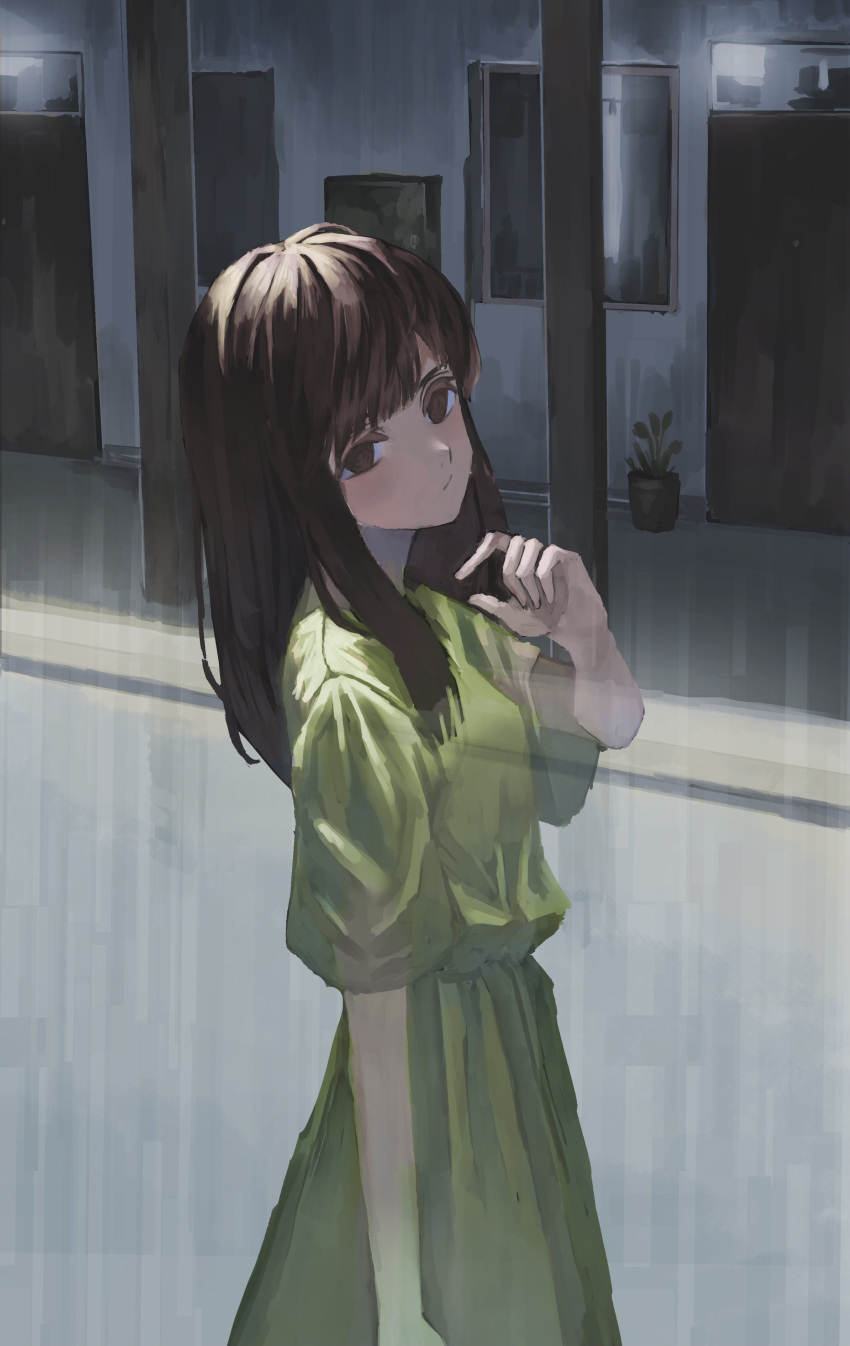 1girl :/ absurdres arm_at_side brown_eyes brown_hair closed_mouth door eyebrows_behind_hair from_side ghost green_shirt green_skirt hand_up highres long_hair looking_at_viewer natari picture_frame shirt short_sleeves skirt skirt_set solo upper_body vase