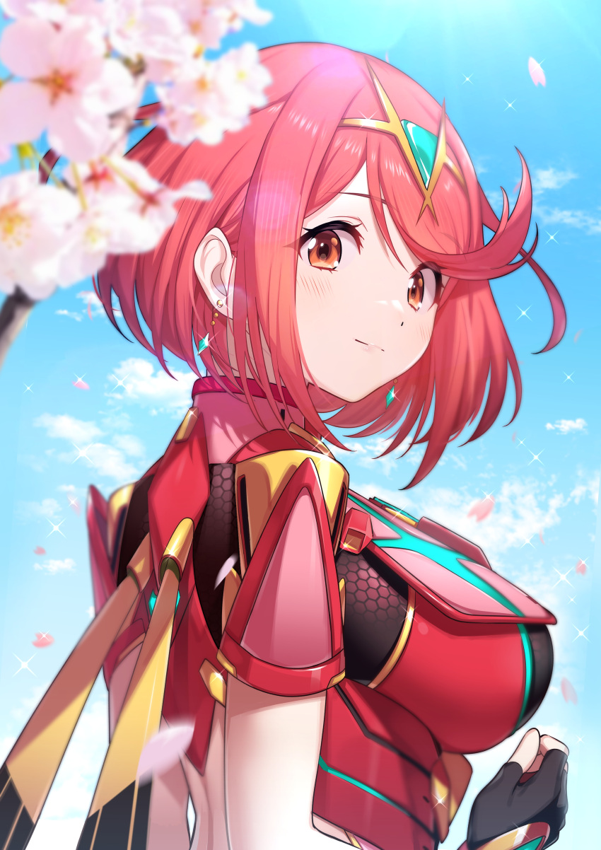 1girl absurdres bangs black_gloves blue_sky breasts cherry_blossoms chest_jewel clouds commentary_request day earrings fingerless_gloves gem gloves green322 headpiece highres jewelry large_breasts pyra_(xenoblade) red_eyes redhead short_hair sky solo swept_bangs tiara xenoblade_chronicles_(series) xenoblade_chronicles_2