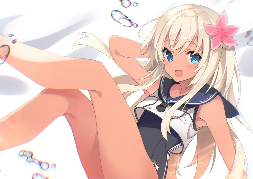 1girl absurdres black_swimsuit blonde_hair blue_eyes blue_sailor_collar eyebrows_visible_through_hair fathom flower hair_between_eyes hair_flower hair_ornament highres kantai_collection long_hair one-piece_swimsuit open_mouth pink_flower ro-500_(kancolle) sailor_collar sailor_shirt school_swimsuit shirt sleeveless sleeveless_shirt smile solo swimsuit swimsuit_under_clothes white_shirt