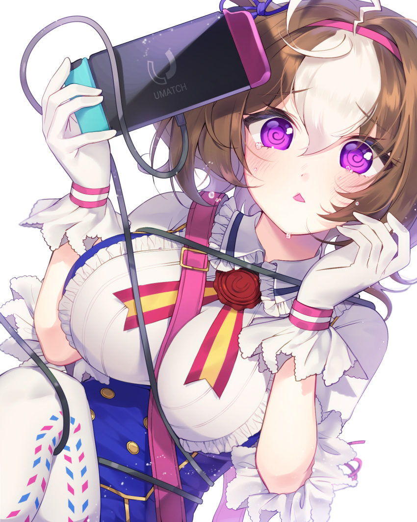 1girl @_@ ahoge between_breasts blush breasts brown_hair controller game_controller gloves headband highres horse_girl looking_at_viewer meisho_doto_(umamusume) simple_background tantan_(xrvf2288) tears triangle_mouth umamusume violet_eyes white_background white_legwear wire