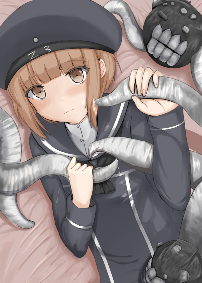 1girl absurdres abyssal_ship black_neckerchief blue_dress blue_headwear blue_sailor_collar brown_eyes brown_hair clothes_writing disuto dress enemy_naval_mine_(kancolle) hat highres kantai_collection looking_at_viewer lying neckerchief on_side sailor_collar sailor_hat short_hair tentacles upper_body z3_max_schultz_(kancolle)