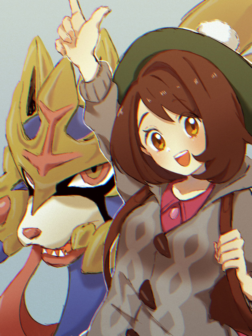 1girl :d backpack bag bangs brown_bag brown_eyes brown_hair buttons cable_knit cardigan collared_dress dress gloria_(pokemon) green_headwear grey_background grey_cardigan happy hat highres hooded_cardigan index_finger_raised myuuu_ay open_mouth pink_dress pokemon pokemon_(creature) pokemon_(game) pokemon_swsh smile tam_o'_shanter teeth tongue upper_teeth zacian zacian_(crowned)