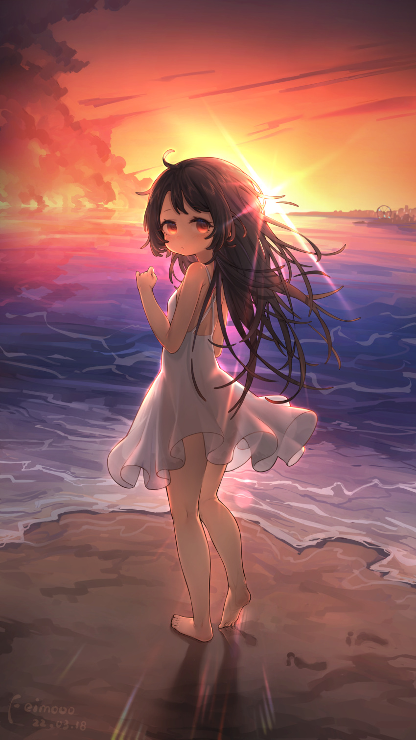 1girl absurdres ahoge barefoot beach brown_eyes brown_hair clouds dress dusk expressionless feet from_behind full_body highres kneepits koebushi_(mat) legs long_hair looking_back ocean original outdoors see-through_silhouette sky soles solo sun sundress sunset thighs toes white_dress wind wind_lift