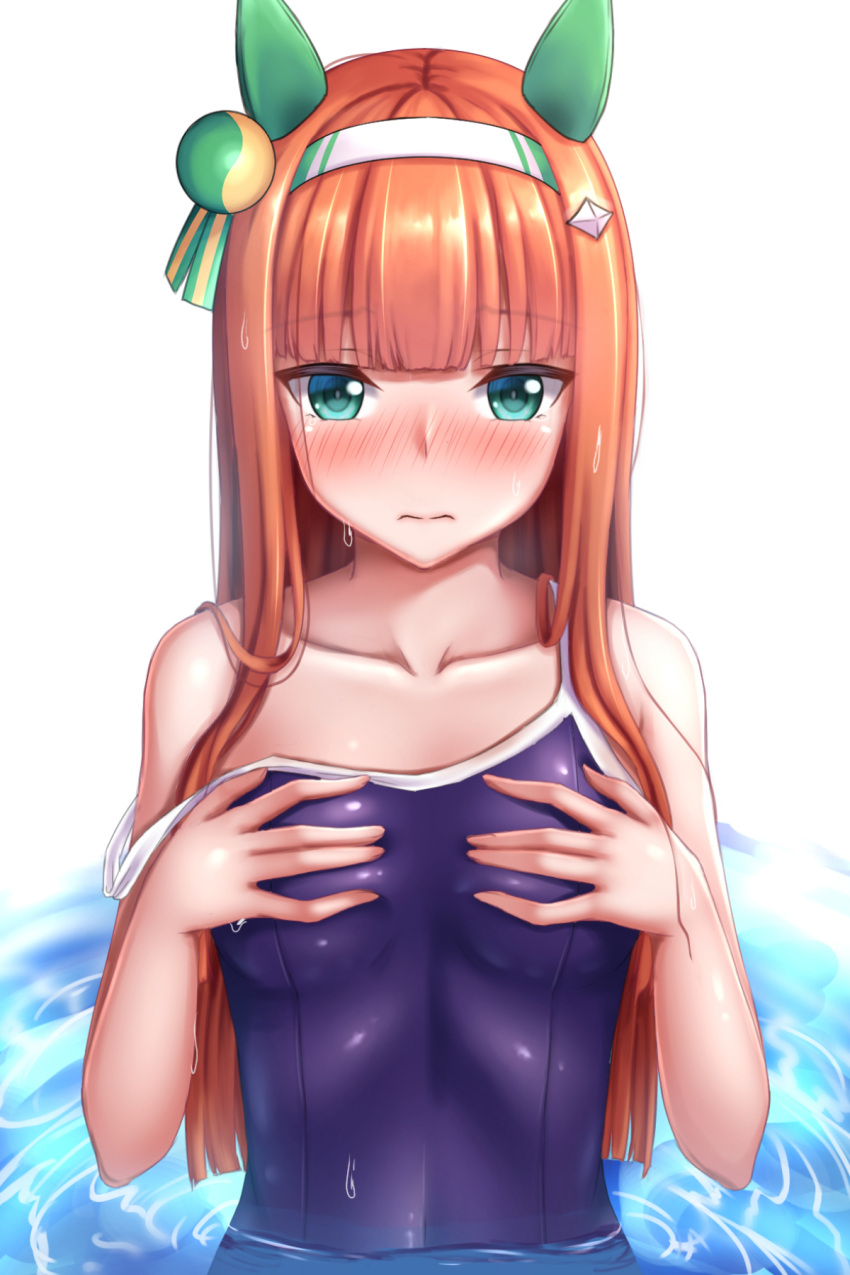 1girl animal_ears aqua_eyes blush breast_conscious breasts clothes_pull collarbone commentary_request ear_covers hairband hands_on_own_chest highres horse_ears horse_girl long_hair looking_at_viewer new_school_swimsuit nose_blush orange_hair partially_submerged school_swimsuit silence_suzuka_(umamusume) simple_background small_breasts solo swimsuit swimsuit_pull tapisuke umamusume water wet white_background