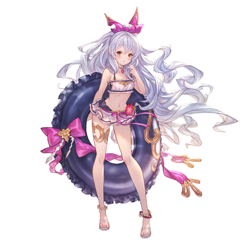 1girl alternate_costume anklet bangs bare_shoulders bikini blush breasts closed_mouth granblue_fantasy hair_ornament hair_ribbon innertube jewelry long_hair looking_at_viewer medusa_(shingeki_no_bahamut) navel necklace official_alternate_costume official_art pink_ribbon pointy_ears ponytail red_eyes ribbon sandals small_breasts solo standing swimsuit transparent_background very_long_hair white_bikini white_hair white_swimsuit