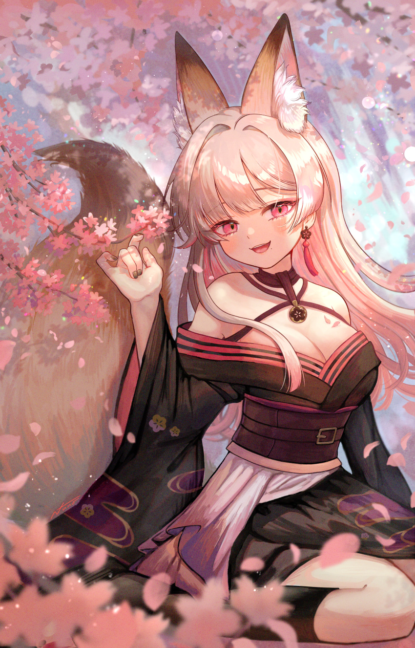 1girl :d absurdres animal_ear_fluff animal_ears bangs black_kimono black_legwear black_nails blonde_hair breasts commentary_request earrings extra_ears flower fox_ears fox_girl fox_tail highres japanese_clothes jewelry kimono kneehighs large_breasts long_hair long_sleeves looking_at_viewer low_neckline makurano_neena mole mole_under_mouth nail_polish off-shoulder_kimono official_art open_mouth petals pink_eyes production_kawaii single_earring sitting smile solo tail tassel tassel_earrings virtual_youtuber wide_sleeves yukinuno_jelly