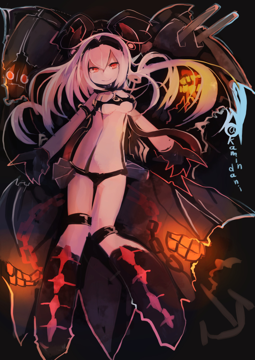1girl absurdres abyssal_ship air_defense_princess black_footwear black_gloves black_skirt boots breasts colored_skin gloves hairband headgear highres horns kaamin_(mariarose753) kantai_collection knees_together_feet_apart large_breasts long_hair looking_at_viewer machinery miniskirt one-hour_drawing_challenge red_eyes skirt smile solo turret twitter_username white_hair white_skin