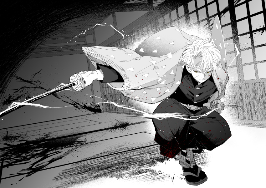 &gt;:( 1boy agatsuma_zenitsu arm_warmers bangs battle belt blood blood_on_clothes blood_on_face blood_splatter ceiling cracked_skin demon_slayer_uniform dutch_angle electricity forked_eyebrows full_body highres holding holding_sheath holding_sword holding_weapon indoors kimetsu_no_yaiba long_sleeves male_focus older outstretched_arm pants pov room scabbard sheath short_hair sideways_glance sliding sliding_doors solo sword tabi tatami u-min unsheathed v-shaped_eyebrows veins wall weapon wide_sleeves zouri