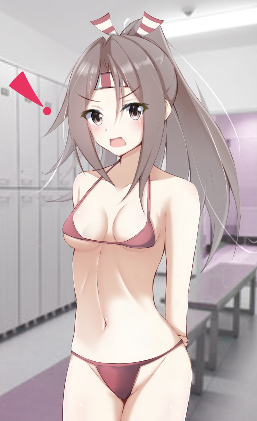 ! 1girl alternate_breast_size arms_behind_back bench bikini breasts commentary_request commission cowboy_shot grey_hair hachimaki headband high_ponytail highres honma_(honmatomohiro) indoors kantai_collection locker locker_room long_hair looking_at_viewer medium_breasts red_bikini solo surprised swimsuit zuihou_(kancolle)