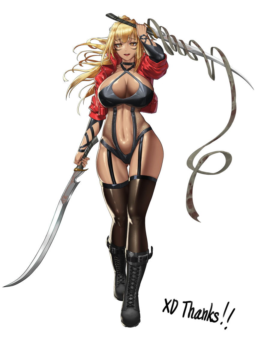 1girl absurdres ass_visible_through_thighs bangs black_legwear blonde_hair boots breasts commission criss-cross_halter cropped_jacket cross-laced_footwear dark-skinned_female dark_skin dual_wielding facial_mark freshtrash full_body garter_straps halterneck highres holding holding_sword holding_weapon jacket katana lace-up_boots large_breasts long_hair looking_at_viewer open_clothes open_jacket original revealing_clothes shiny shiny_skin simple_background smile solo standing sword thigh-highs thigh_gap weapon yellow_eyes
