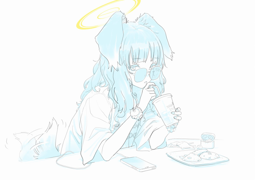 1girl alternate_costume animal_ears bangs blue_archive blush bracelet casual cellphone cup disposable_cup dog_ears dog_girl dog_tail drink drinking drinking_straw earphones earphones eyebrows_visible_through_hair food glasses halo hibiki_(blue_archive) highres holding holding_cup ice jewelry long_hair looking_at_viewer monochrome phone s2j00 shirt short_sleeves smartphone solo t-shirt tail tail_wagging upper_body watch watch wristband