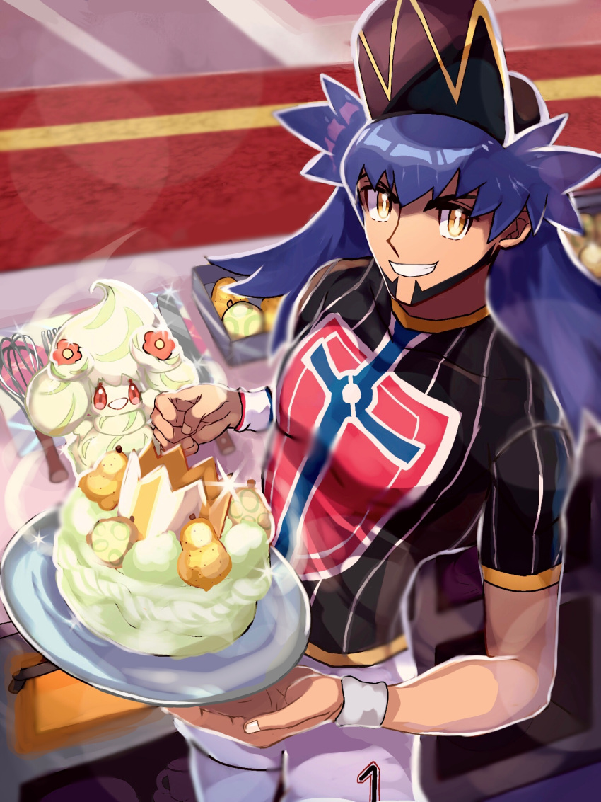 1boy alcremie baseball_cap blurry bright_pupils cake champion_uniform commentary_request dark-skinned_male dark_skin dynamax_band facial_hair food fork glint grin hat highres holding holding_plate imu_(acmg3475) leggings leon_(pokemon) long_hair looking_at_viewer male_focus outline plate pokemon pokemon_(creature) pokemon_(game) pokemon_swsh purple_hair shield_print shirt short_shorts short_sleeves shorts smile sword_print teeth whisk white_legwear white_pupils white_shorts yellow_eyes