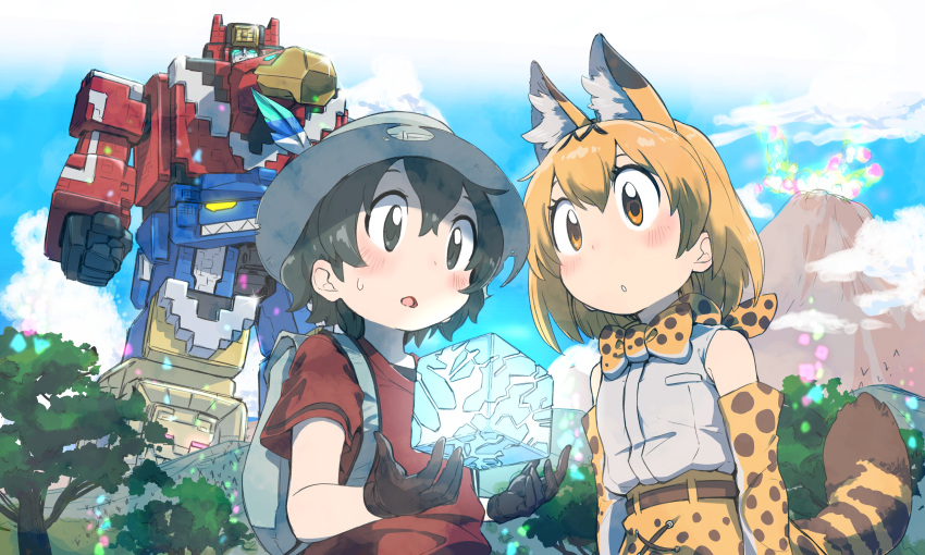 2girls :o absurdres animal animal_ears arms_at_sides backpack bag bangs bare_shoulders belt bird black_eyes black_gloves black_hair blonde_hair blue_eyes blue_sky blush bow bowtie brown_belt brown_gloves clenched_hand clouds crossover cube day doubutsu_sentai_zyuohger elbow_gloves floating flying forest glint gloves glowing grey_shirt hair_between_eyes hat hat_feather helmet high-waist_skirt highres kaban_(kemono_friends) kemono_friends looking_down mecha mountain multicolored_clothes multicolored_gloves multicolored_hair multiple_girls nature ontama open_mouth orange_bow orange_bowtie orange_eyes outdoors pith_helmet print_bow print_bowtie red_shirt robot sandstar serval_(kemono_friends) serval_print shirt short_hair short_sleeves shorts skirt sky sleeveless sleeveless_shirt smoke streaked_hair super_sentai sweatdrop tail tree two-tone_bowtie volcano wavy_hair white_bow white_bowtie zyuo_cube zyuohking