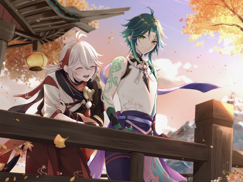 2boys absurdres ahoge antenna_hair aqua_hair architecture armor autumn_leaves bangs bead_necklace beads black_hair closed_eyes closed_mouth commentary_request crossed_arms crossed_bangs east_asian_architecture facial_mark falling_leaves forehead_mark genshin_impact ginkgo_leaf gloves highres japanese_clothes jewelry kaedehara_kazuha lantern laughing leaf light_smile looking_at_viewer male_focus mountain multicolored_hair multiple_boys necklace ponytail railing red_eyes redhead shoulder_armor shoulder_tattoo simple_background spiked_armor streaked_hair sword tassel tattoo tmktmg_sgm2 tree upper_body weapon white_hair xiao_(genshin_impact) yellow_eyes