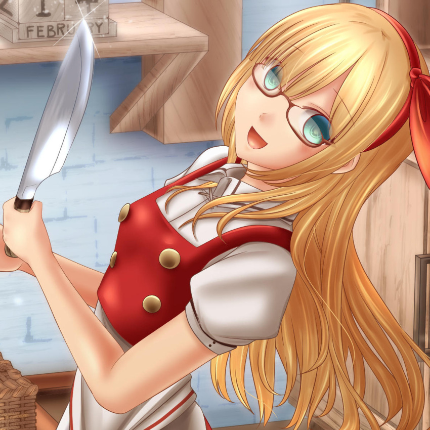 apron bow breasts buttons clip_studio_paint_(medium) collared_shirt commentary_request ellen_(touhou) eyebrows_visible_through_hair glasses green_eyes hair_bow happy highres knife long_hair looking_at_viewer open_mouth puffy_short_sleeves puffy_sleeves red-framed_eyewear red_bow red_vest shirt short_sleeves shounen_(hogehoge) small_breasts touhou touhou_(pc-98) vest white_apron