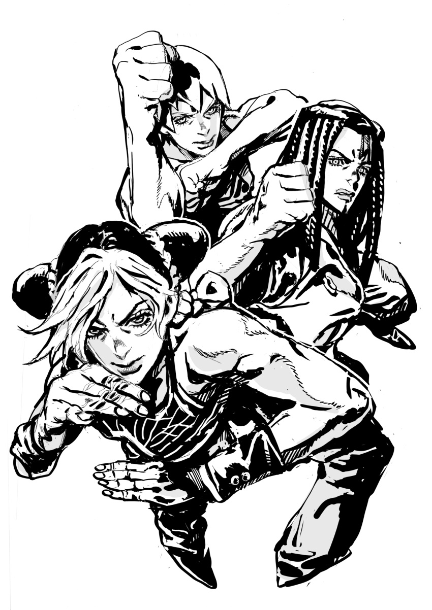 3girls arms_up bangs bare_shoulders braid braided_ponytail clenched_hands closed_mouth commentary_request double_bun dreadlocks ermes_costello eyelashes foo_fighters halter_top halterneck highres jojo_no_kimyou_na_bouken kujo_jolyne long_hair looking_at_viewer monochrome multiple_girls nobita overalls pants parted_lips patch photo-referenced pose raised_fist serious shirt shoes short_hair simple_background sleeveless sleeveless_shirt stone_ocean wristband