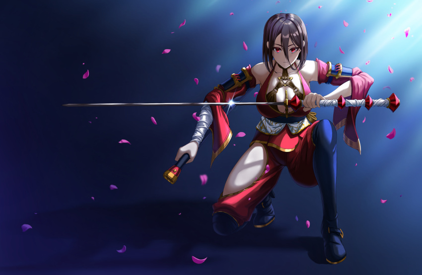 1girl bare_shoulders black_hair breasts closed_mouth detached_sleeves full_body glint hair_between_eyes highres hip_vent holding holding_sword holding_weapon japanese_clothes katana kneeling kunoichi_kaen large_breasts last_origin looking_at_viewer ninja petals red_eyes sechna21 serious short_hair solo sword weapon