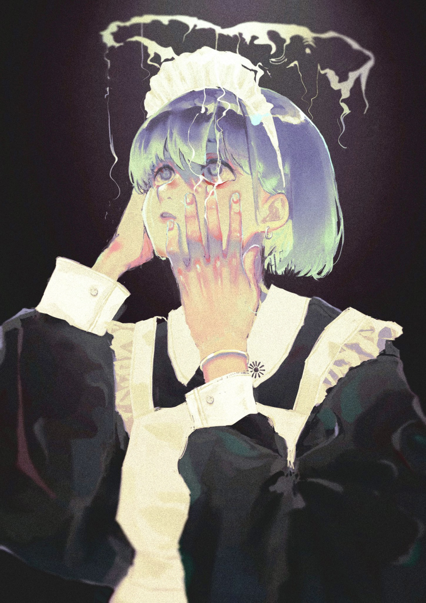 1girl apron bangs black_background black_eyes black_hair buttons commentary earrings eyebrows_behind_hair frilled_apron frills green_hair grey_eyes hair_between_eyes hands_on_own_face hands_up highres jewelry lips long_sleeves maid maid_apron maid_headdress multicolored_hair natari nose original parted_lips short_hair smoke solo two-tone_hair upper_body