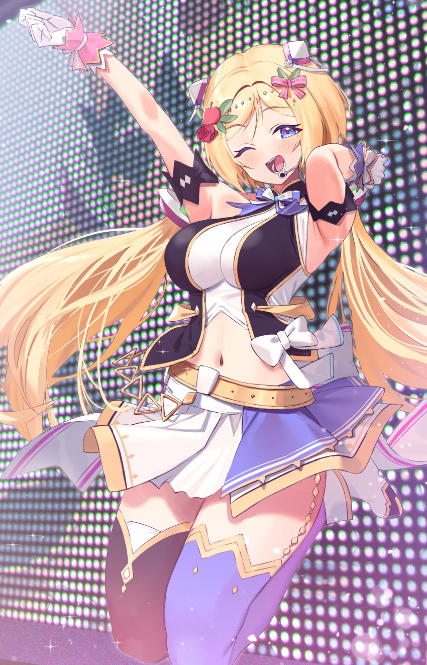 1girl absurdres aki_rosenthal armlet bangs belt blonde_hair blue_bow blue_bowtie blue_legwear blush bob_cut boots bow bow_skirt bowtie breasts clothing_cutout commission detached_hair gloves halter_top halterneck headgear highres hololive hololive_idol_uniform idol_clothes jumping layered_skirt low_twintails miniskirt navel navel_cutout one_eye_closed open_mouth parted_bangs short_hair skirt skirt_set sleeveless smile solo twin_(tt_lsh) twintails violet_eyes virtual_youtuber white_bow white_footwear white_gloves white_skirt wrist_cuffs