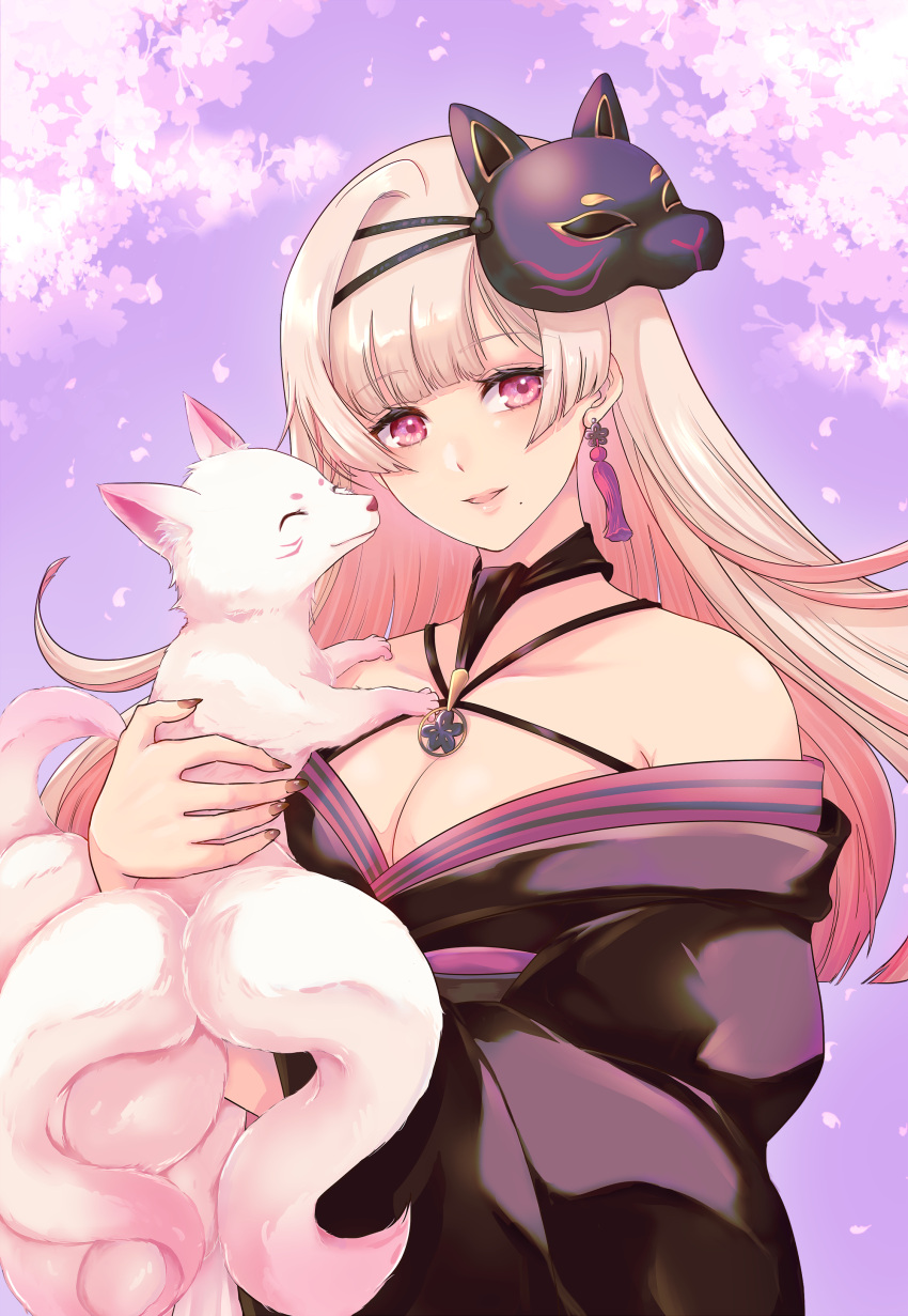1girl ^_^ absurdres animal bangs bare_shoulders black_kimono black_nails blonde_hair blunt_bangs breasts cherry_blossoms closed_eyes collarbone commentary_request earrings eyebrows_visible_through_hair fox fox_mask gradient_hair highres holding holding_animal japanese_clothes jewelry kimono kudoukudokudo large_breasts makurano_neena mask mask_on_head mole mole_under_mouth multicolored_hair multiple_tails nail_polish off-shoulder_kimono parted_lips petals pink_eyes pink_hair production_kawaii revision single_earring smile solo tail virtual_youtuber