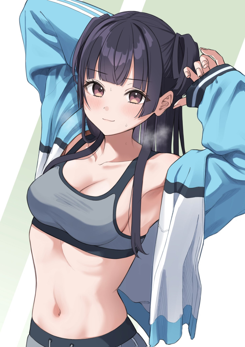 1girl arms_up bangs black_hair blunt_bangs blush breasts brown_eyes closed_mouth collarbone eyebrows_visible_through_hair green_background heavy_breathing highres idolmaster idolmaster_shiny_colors jacket long_hair long_sleeves looking_at_viewer mayuzumi_fuyuko medium_breasts navel open_clothes open_jacket shiny shiny_hair sleeves_past_wrists solo sports_bra sweat symbol-only_commentary takio_(kani_sama) white_background