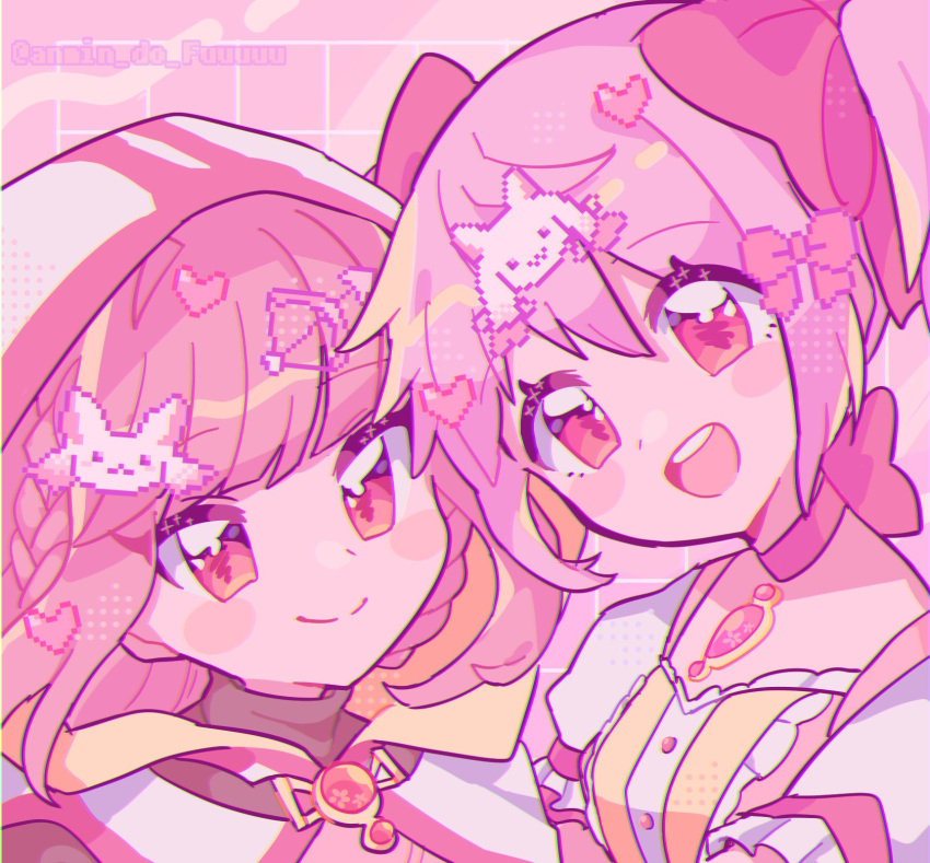 2girls :d anmin_do_fuuuuu arrow_(projectile) arrow_pixel bangs blunt_bangs blush_stickers bow_(weapon) bow_pixel braid breasts buttons center_frills checkered checkered_background choker chromatic_aberration close-up closed_mouth dot_nose eyebrows_visible_through_hair eyelashes flower frilled_sleeves frills hair_ribbon halftone highres hood hood_up kaname_madoka kyubey looking_at_viewer low_twin_braids magia_record:_mahou_shoujo_madoka_magica_gaiden mahou_shoujo_madoka_magica multiple_girls open_mouth pastel_colors pink_background pink_choker pink_eyes pink_flower pink_hair pink_ribbon pink_theme pixel_heart pixelated puffy_short_sleeves puffy_sleeves ribbon ribbon_choker ribbon_pixel round_teeth shiny shiny_hair short_sleeves side-by-side sidelocks simple_background small_breasts small_kyubey smile soul_gem sparkle tamaki_iroha tareme teeth tsurime turtleneck twin_braids twintails twitter_username two-sided_fabric two-sided_headwear upper_body upper_teeth weapon