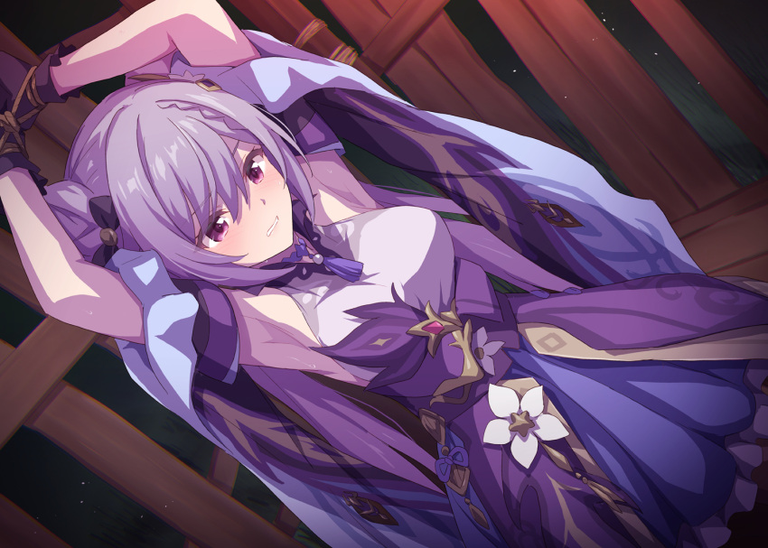 1girl armpits arms_up bangs bare_shoulders blue_skirt blush breasts clenched_teeth dress genshin_impact gloves hair_cones hair_ornament keqing_(genshin_impact) large_breasts long_hair marugoshi_(54burger) purple_dress purple_gloves purple_hair restrained rope skirt solo swept_bangs teeth twintails violet_eyes