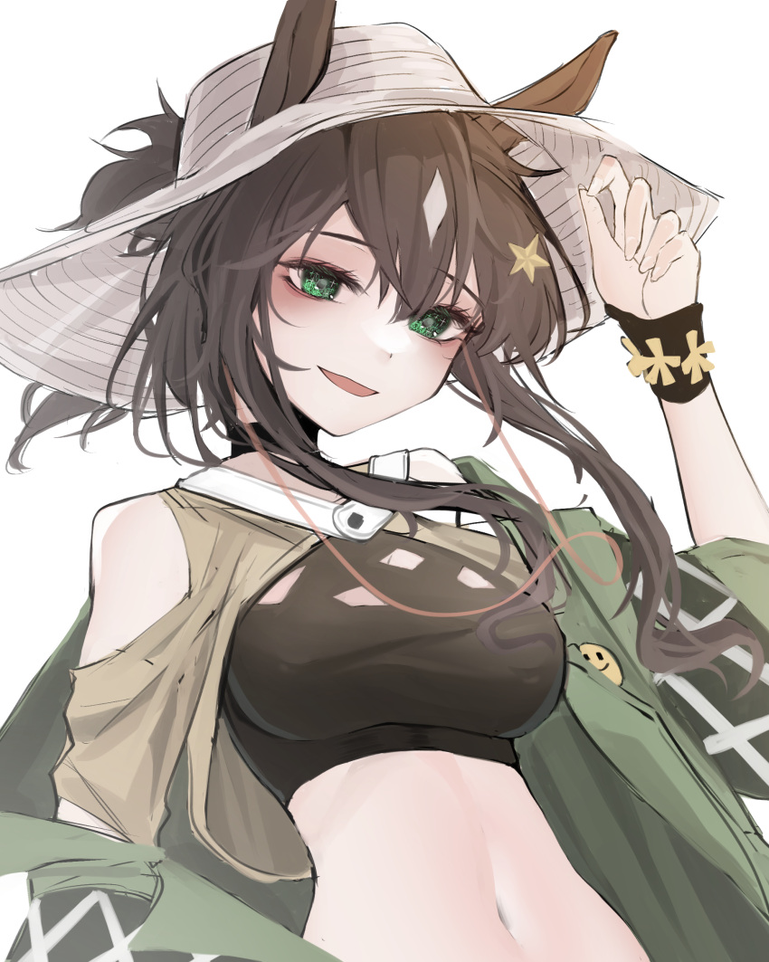 1girl :d absurdres animal_ears arknights bangs bare_shoulders black_choker black_hair black_shirt breasts choker clothing_cutout commentary_request crop_top ears_through_headwear green_eyes green_jacket hair_between_eyes hair_ornament hand_up highres horse_ears jacket ka_keo korean_commentary large_breasts long_hair meteor_(arknights) meteor_(bard's_holiday)_(arknights) midriff navel off_shoulder open_mouth shirt shoulder_cutout simple_background smile solo star_(symbol) star_hair_ornament stomach upper_body white_background white_headwear wristband