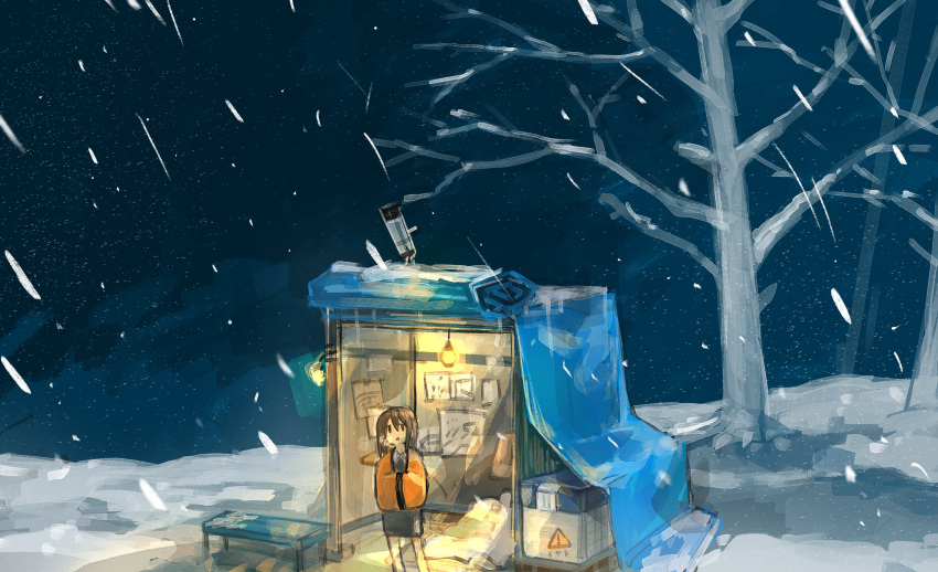 1girl absurdres bare_legs breath commentary_request highres night original outdoors paper shelter snow snowing tree tsushima_sora