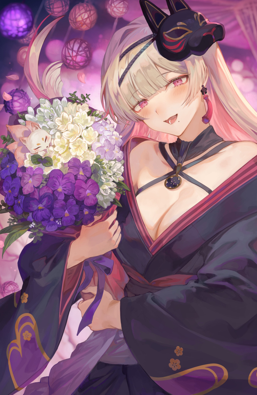 1girl :d absurdres bangs black_kimono blonde_hair blunt_bangs blush bouquet commentary earrings english_commentary eyebrows_visible_through_hair flower fox fox_mask highres holding holding_bouquet japanese_clothes jewelry kimono long_hair long_sleeves low_neckline makurano_neena mashuu_(neko_no_oyashiro) mask mask_on_head mole mole_under_mouth multicolored_hair official_art open_mouth pink_eyes pink_hair production_kawaii second-party_source single_earring smile solo tassel tassel_earrings virtual_youtuber wide_sleeves
