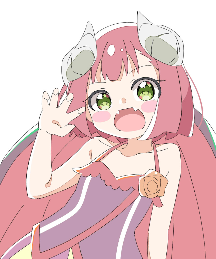 1girl :d bangs bare_arms bare_shoulders blush_stickers claw_pose collarbone commentary_request demon_girl demon_horns demon_wings dress endro! eyebrows_visible_through_hair fangs green_eyes hand_up highres horns kapuru_0410 looking_at_viewer mao_(endro!) purple_dress red_wings redhead short_hair simple_background sleeveless sleeveless_dress smile solo white_background wings