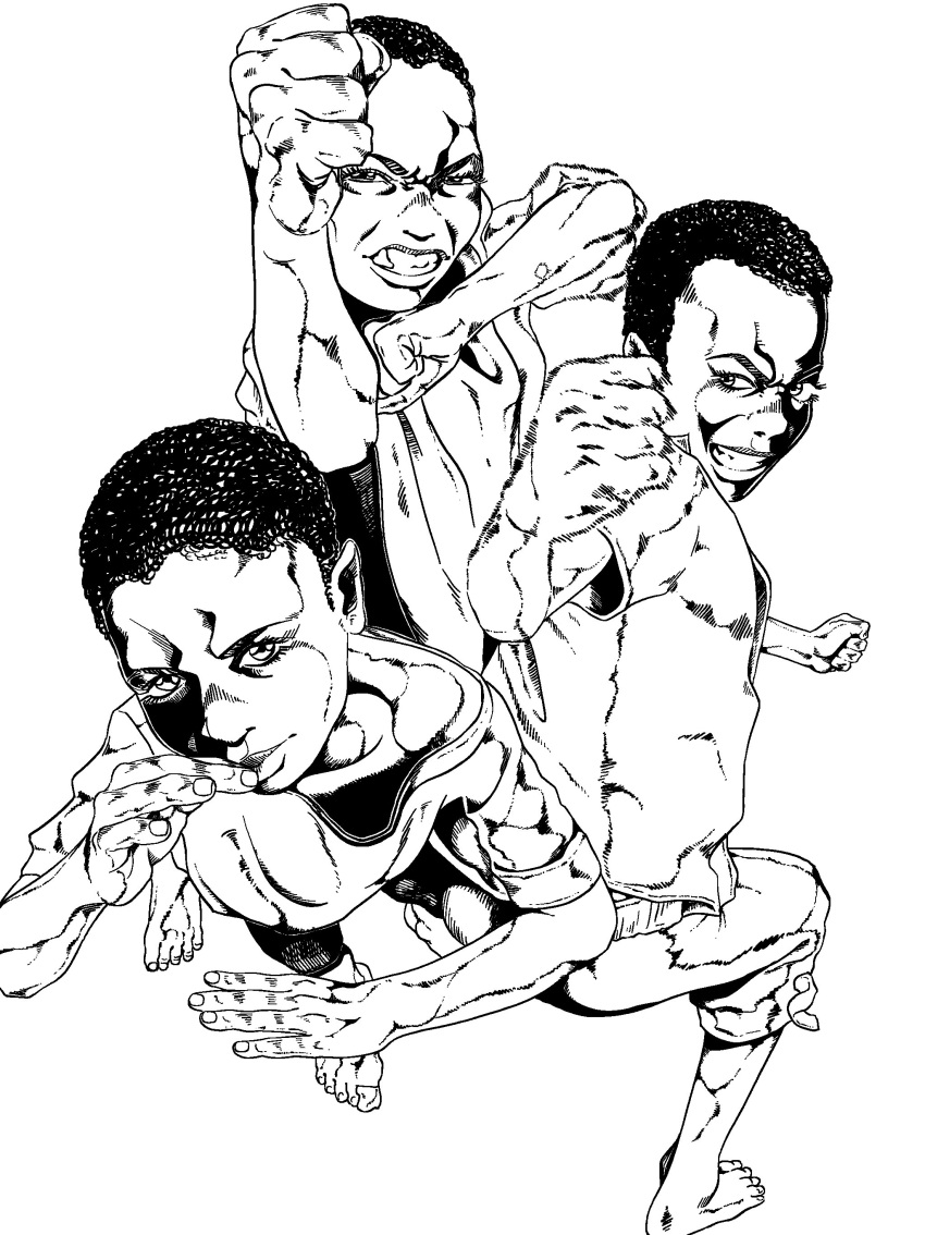 3boys absurdres africa araki_hirohiko_(style) barefoot clenched_hands clenched_teeth commentary_request hands_up highres lineart looking_at_viewer meow25meow monochrome multiple_boys parody photo-referenced pose raised_fist real_life shirt shorts simple_background standing style_parody teeth unfinished